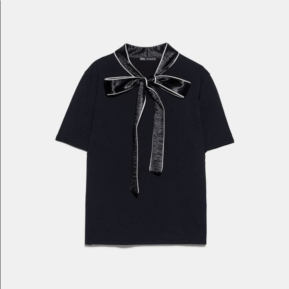 Zara Black and White Satin Effect Tie T-Shirt Top 100% Cotton Business Casual